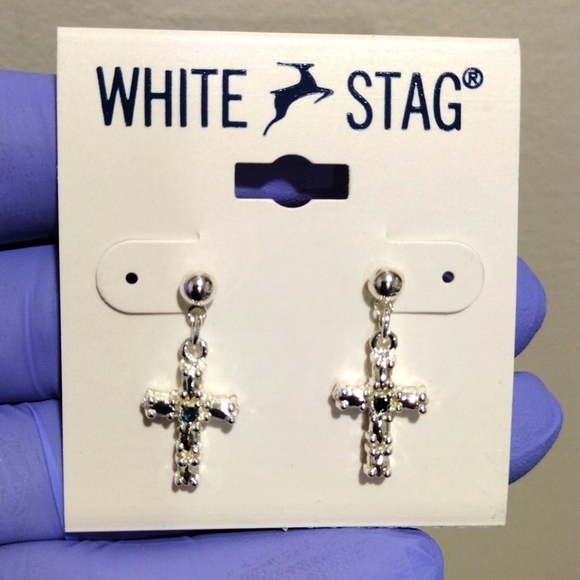 Women's Polished Silver-tone Green Crystal Cross Design Drop Earrings, 1-inch - Picture 1 of 5